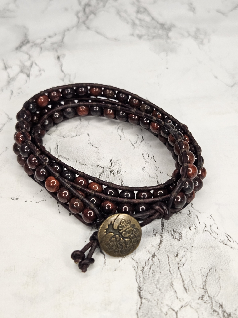 Beaded Leather Wrap Bracelet, Handmade Red Tiger's Eye Beads